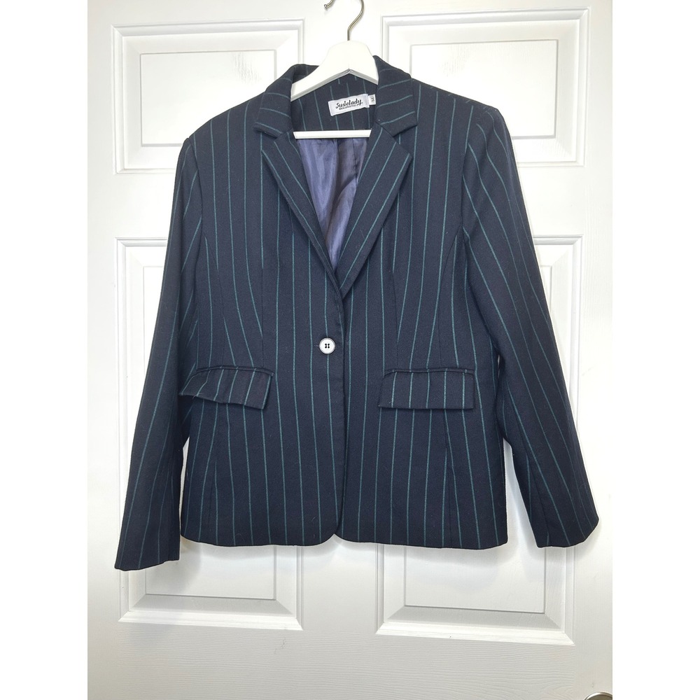 Susielady Pinstripe Blazer Medium Navy Teal Single Button Lined